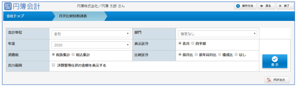 「月次比較財務諸表」画面