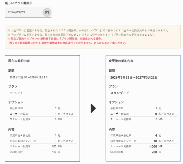 プラン開始日選択画面