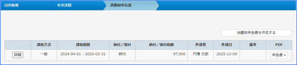 「消費税申告書」一覧画面