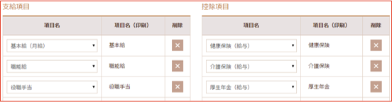勤務体系支給項目と控除項目画面
