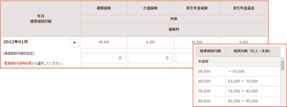 月別の報酬月額・各種保険料の設定